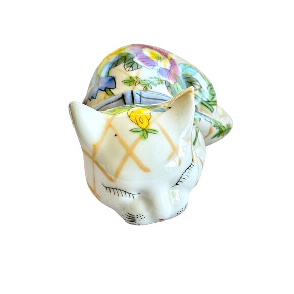 Decorative Hand-Painted Ceramic Cat Figurine With Floral Design - Picture 7 of 7